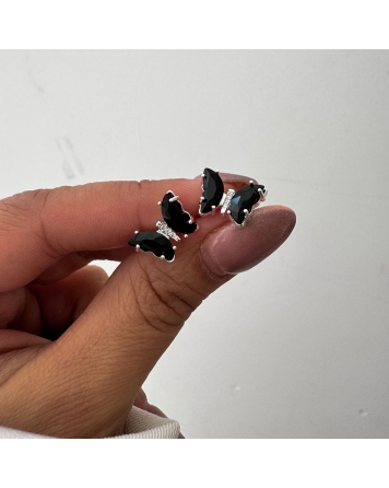 ( BA511 ) Aros Mariposa Negro Mediana Acero Blanco