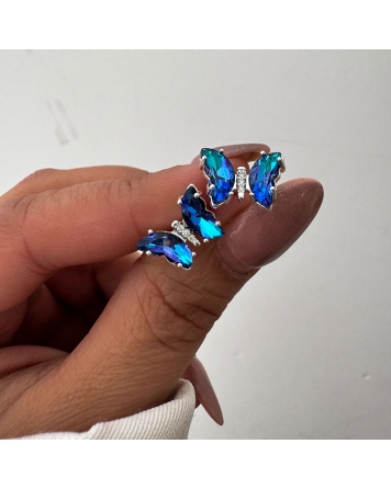 ( BA512 ) Aros Mariposa Azul Tornasol Mediana  Acero Blanco