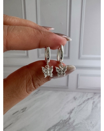 ( BB219 ) Par Argolla de Mariposa con Cubic 14MM Acero Blanco