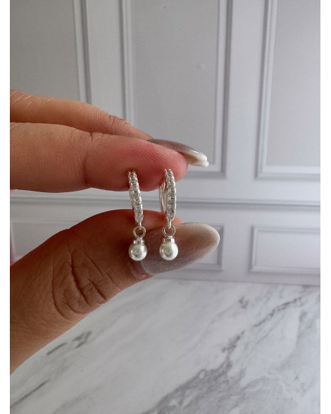 ( BB235 ) Par Argolla con Cubic y Perla 12MM Acero Blanco