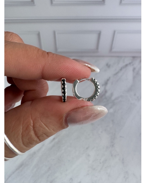 ( BB237 ) Par Argolla con Cubic Negra 13MM Acero Blanco