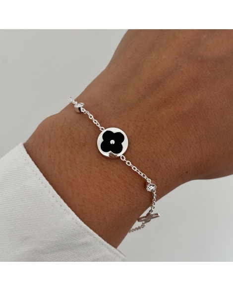 ( BP477 ) Pulsera con Trebol negro Acero Blanco