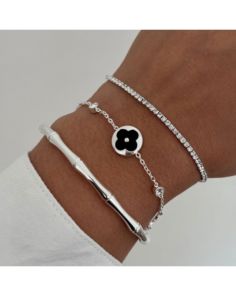 ( BP477 ) Pulsera con Trebol negro Acero Blanco