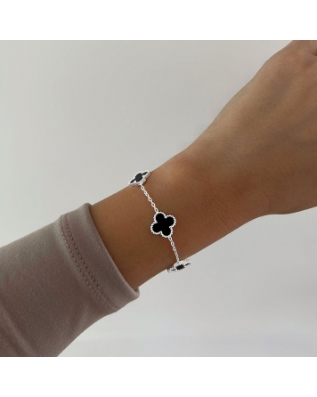 ( BP479 ) Pulsera con 5 Treboles Negros Acero Blanco