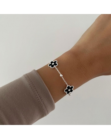 ( BP481 ) Pulsera con 3 Flores Negras Acero Blanco