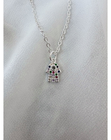 ( BS436 ) Collar con Manito de Fatima con cubic Acero Blanco