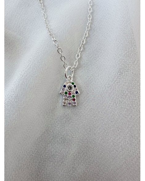 ( BS436 ) Collar con Manito de Fatima con cubic Acero Blanco