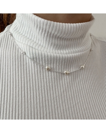 ( BS440 ) Collar con Perlas y Corazones Acero Blanco