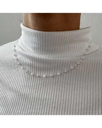( BS445 ) Collar con Perlas y Bolitas Acero Blanco