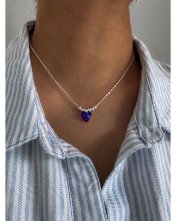 ( BS448 ) Collar con Corazon de Cristal  Acero Blanco