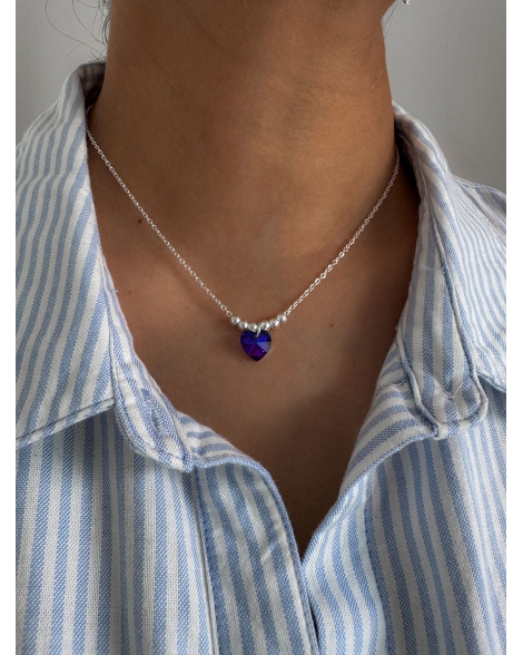 ( BS448 ) Collar con Corazon de Cristal  Acero Blanco