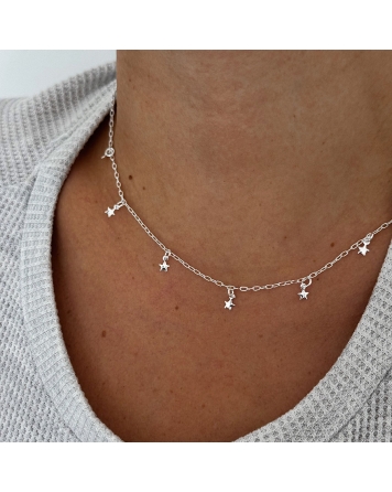 ( BS471 ) Collar con Estrellas  Acero Blanco