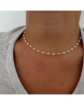 ( BS473 ) Collar con Perlas y Bolitas Acero Blanco