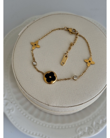 ( DP424 ) Pulsera con Trebol con Negro Acero Dorado