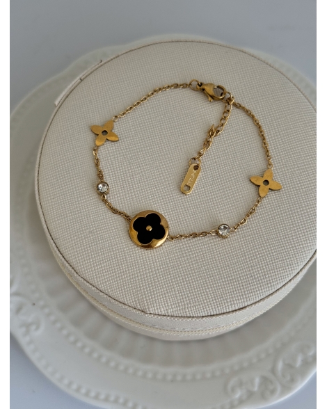 ( DP424 ) Pulsera con Trebol con Negro Acero Dorado