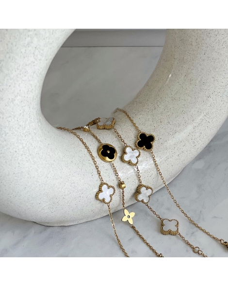 ( DP424 ) Pulsera con Trebol con Negro Acero Dorado
