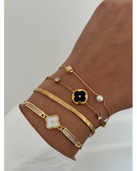 ( DP424 ) Pulsera con Trebol con Negro Acero Dorado