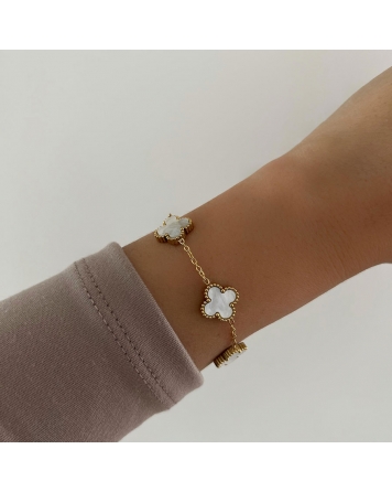 ( DP429 ) Pulsera 5 Treboles Nacarados Acero Dorado