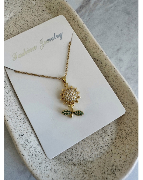 ( GS124 ) Collar Giratorio Margarita con Tallo Verde GOLD