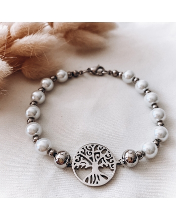 ( P152 ) Pulsera con Perlas y Arbol A.Q.