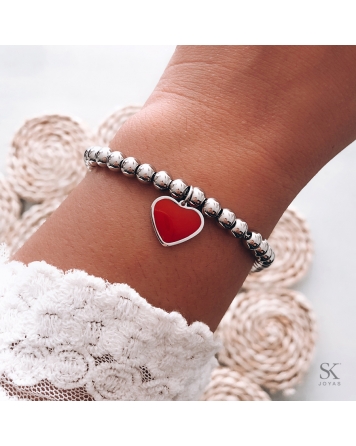 ( P408 ) Pulsera Bolitas con Dije Corazón