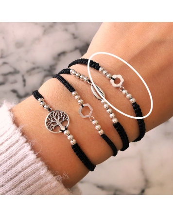 ( PP521N ) Pulsera Hilo y Plata con Flor