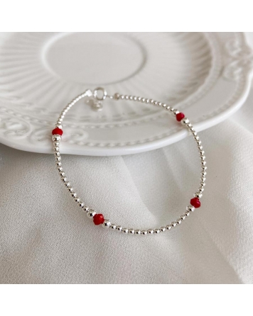 ( PP779 ) Pulsera con Bolitas de Plata y Cristales Rojos P.925