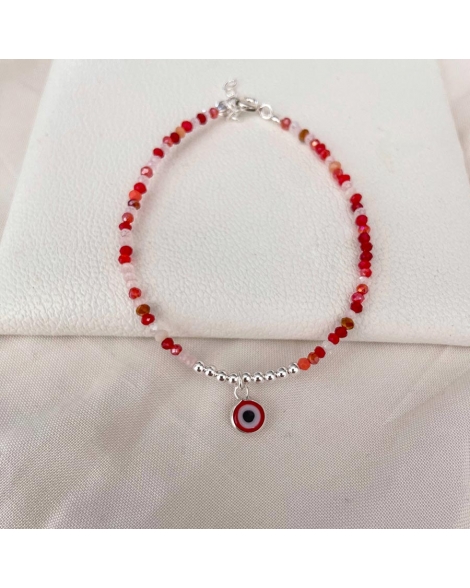 ( PP794 ) Pulsera con Cristales Rojos con Ojito Plata 925