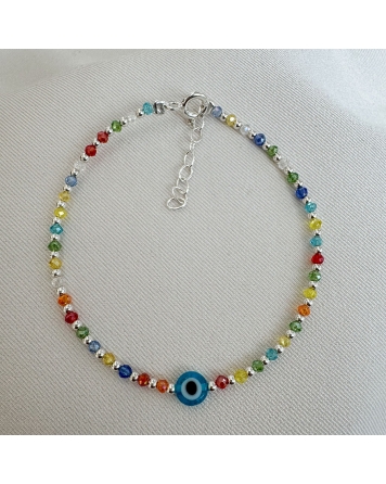 ( PP879 ) Pulsera con cristales Mix de Colores y Ojito PLATA 925